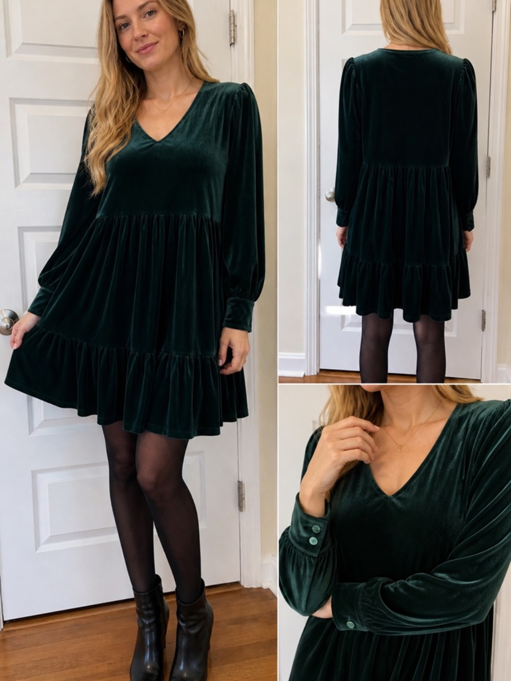 Velvet V-Neck Tiered Mini Dress in Deep Green